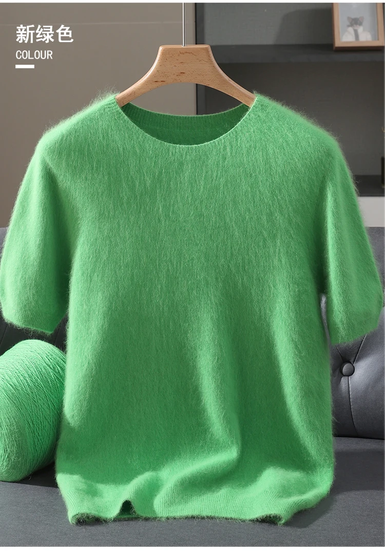 Men's 100% Mink Cashmere Round Neck Knitted Short Sleeved Loose Solid Color Half Sleeved Simple T-Shirt Casual Business Clothing