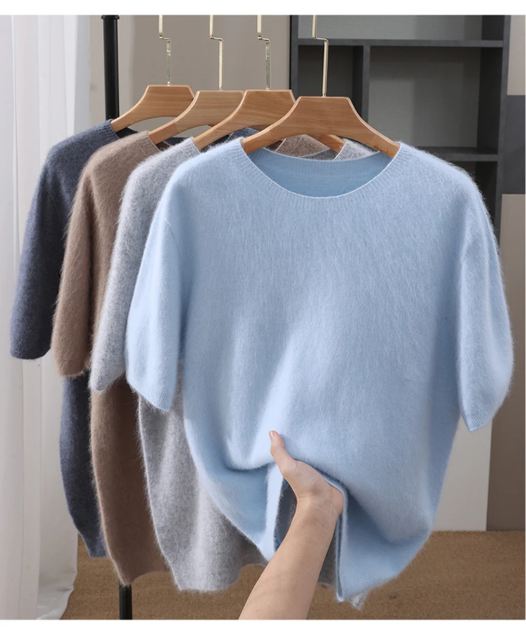 Men's 100% Mink Cashmere Round Neck Knitted Short Sleeved Loose Solid Color Half Sleeved Simple T-Shirt Casual Business Clothing