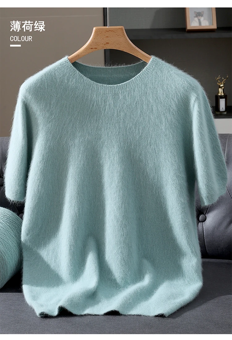 Men's 100% Mink Cashmere Round Neck Knitted Short Sleeved Loose Solid Color Half Sleeved Simple T-Shirt Casual Business Clothing
