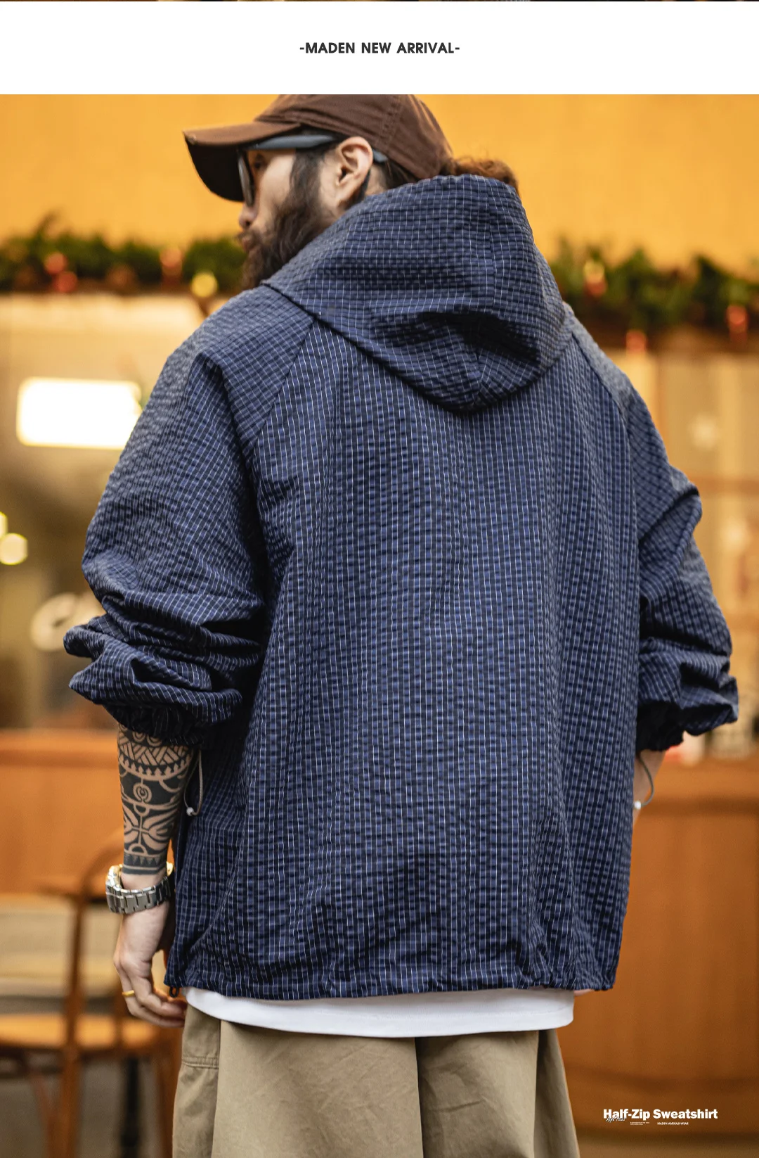 Maden Men's Half Zip Hoodie Textured Seersucker Pullover Jacket Loose Fit Lightweight Outdoor Casual Spring Autumn Top