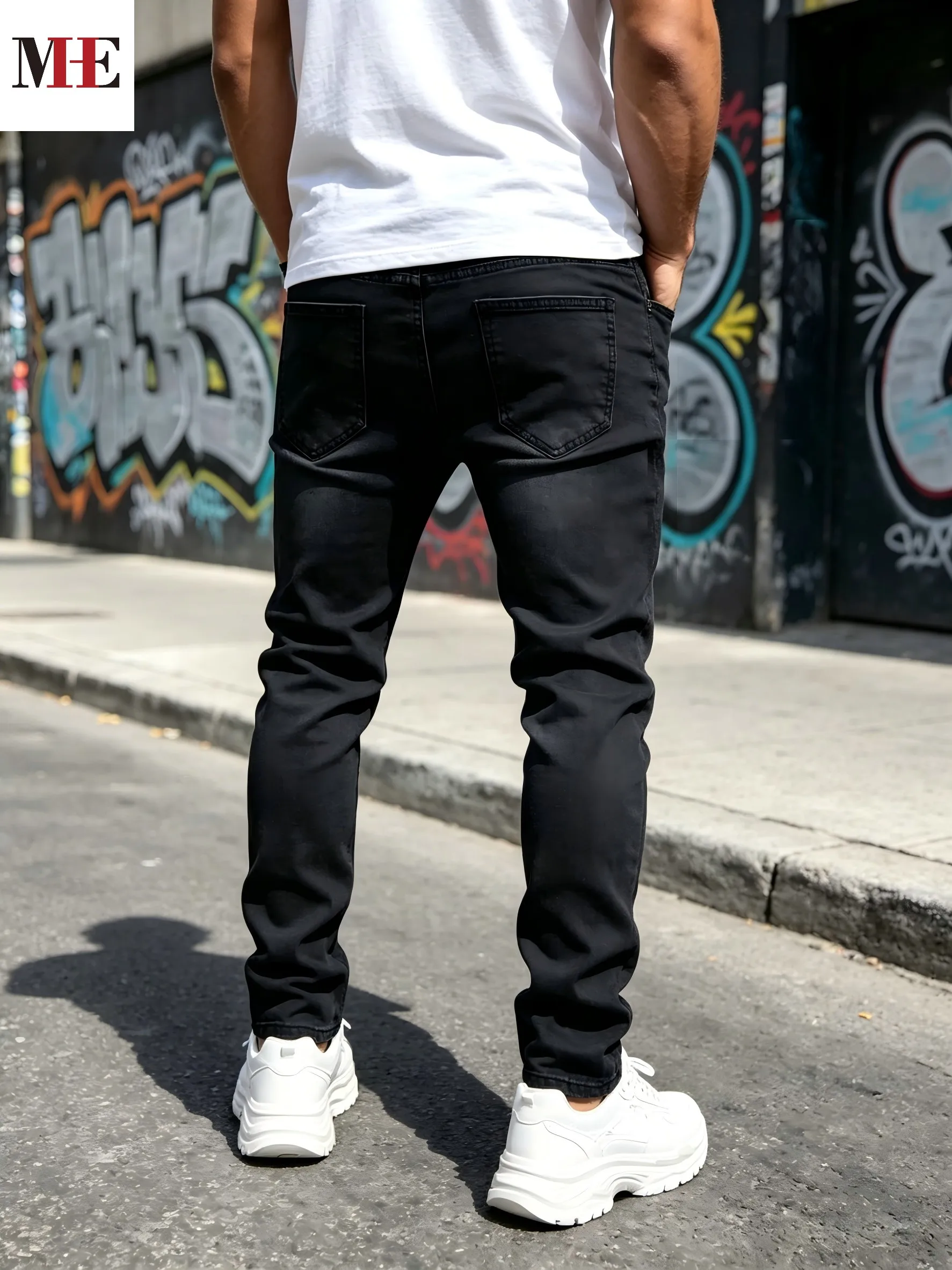 HME Men's Black Gray Denim Pants, Plaid Patch Paint Splatter Slim Skinny Jeans for Streetwear