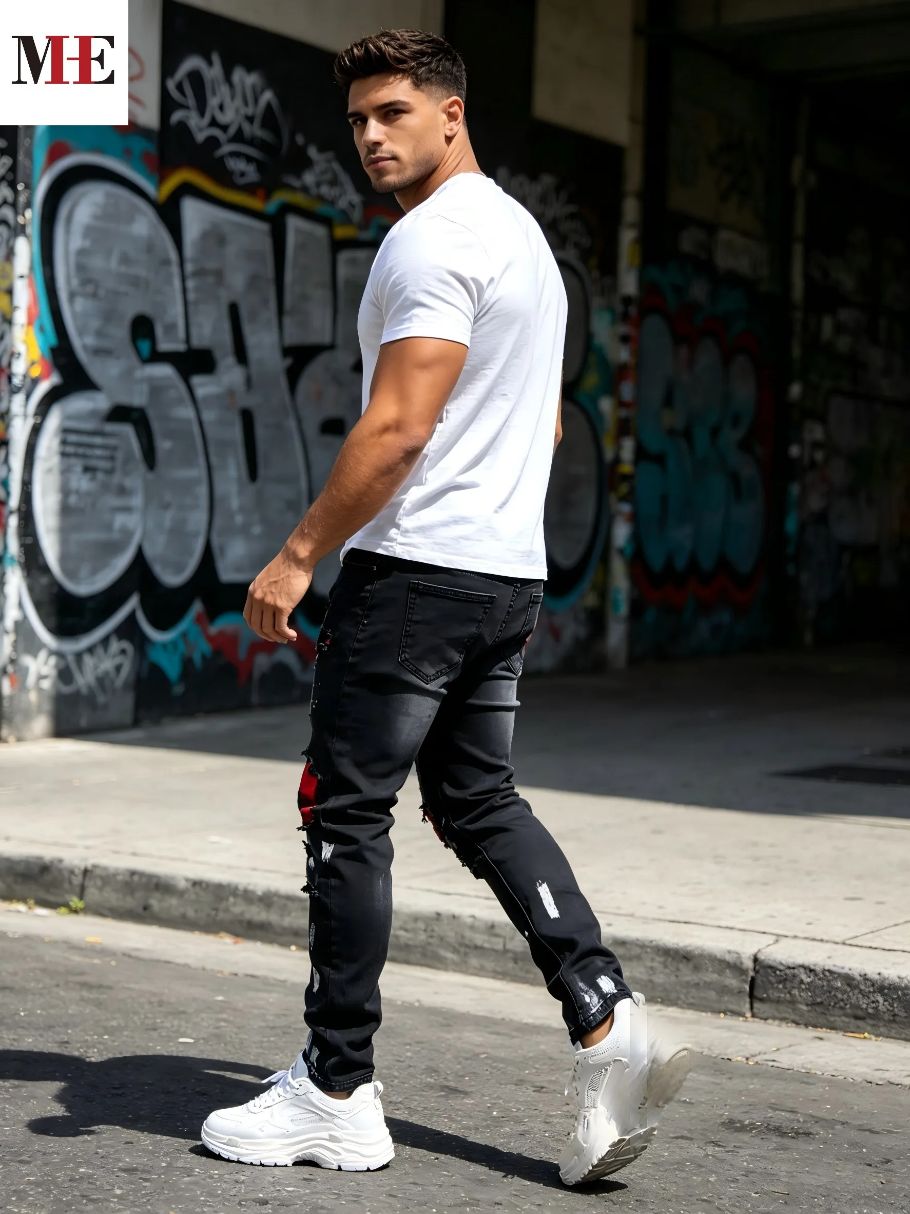 HME Men's Black Gray Denim Pants, Plaid Patch Paint Splatter Slim Skinny Jeans for Streetwear