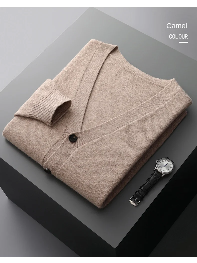 Men's Cardigan Spring Autumn Basic Style 100% Pure Merino Wool Knitted Sweater Large Loose V-neck Jacket Solid Color Casual Top