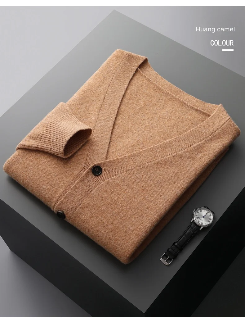 Men's Cardigan Spring Autumn Basic Style 100% Pure Merino Wool Knitted Sweater Large Loose V-neck Jacket Solid Color Casual Top