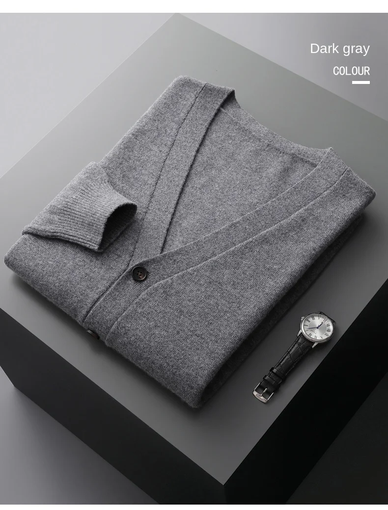 Men's Cardigan Spring Autumn Basic Style 100% Pure Merino Wool Knitted Sweater Large Loose V-neck Jacket Solid Color Casual Top
