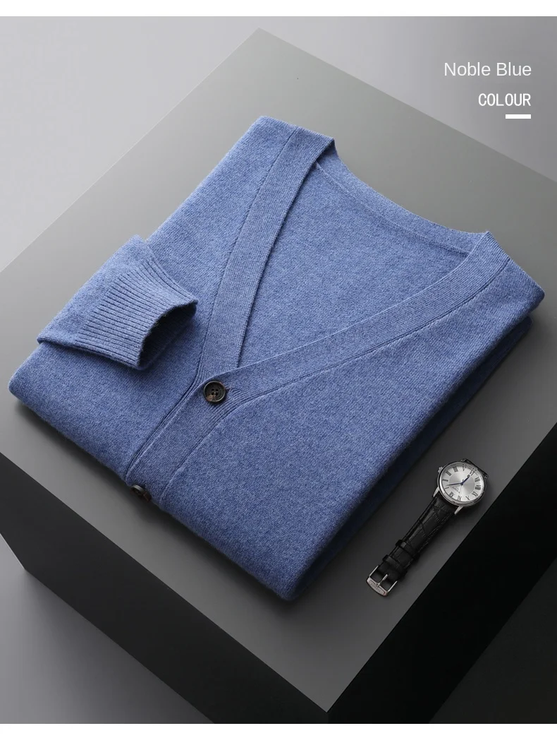 Men's Cardigan Spring Autumn Basic Style 100% Pure Merino Wool Knitted Sweater Large Loose V-neck Jacket Solid Color Casual Top