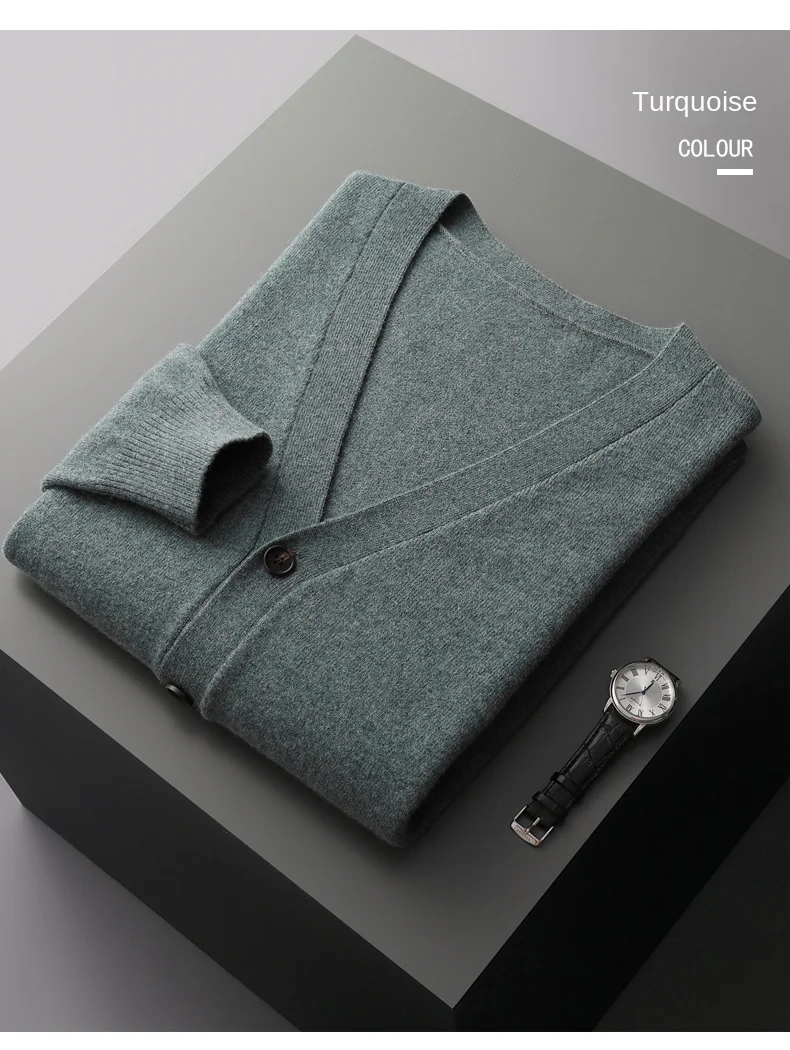 Men's Cardigan Spring Autumn Basic Style 100% Pure Merino Wool Knitted Sweater Large Loose V-neck Jacket Solid Color Casual Top