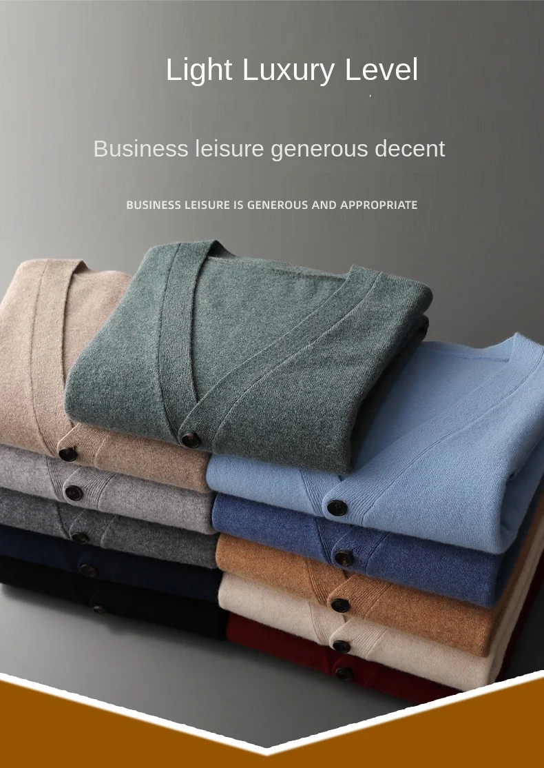 Men's Cardigan Spring Autumn Basic Style 100% Pure Merino Wool Knitted Sweater Large Loose V-neck Jacket Solid Color Casual Top