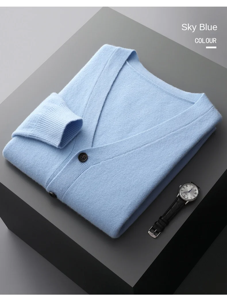 Men's Cardigan Spring Autumn Basic Style 100% Pure Merino Wool Knitted Sweater Large Loose V-neck Jacket Solid Color Casual Top