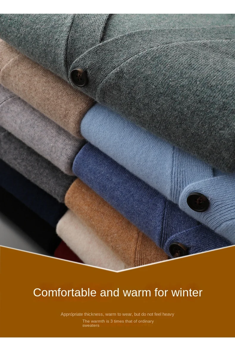 Men's Cardigan Spring Autumn Basic Style 100% Pure Merino Wool Knitted Sweater Large Loose V-neck Jacket Solid Color Casual Top