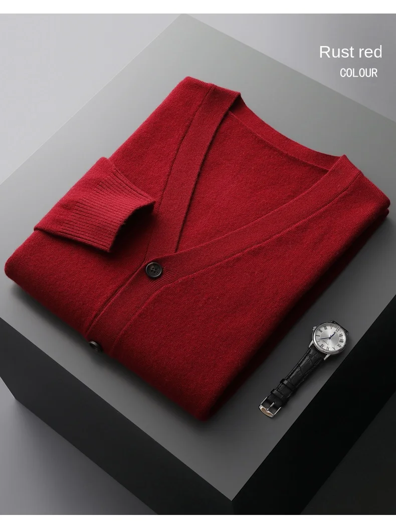 Men's Cardigan Spring Autumn Basic Style 100% Pure Merino Wool Knitted Sweater Large Loose V-neck Jacket Solid Color Casual Top