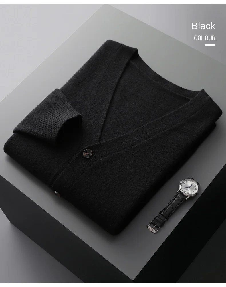 Men's Cardigan Spring Autumn Basic Style 100% Pure Merino Wool Knitted Sweater Large Loose V-neck Jacket Solid Color Casual Top