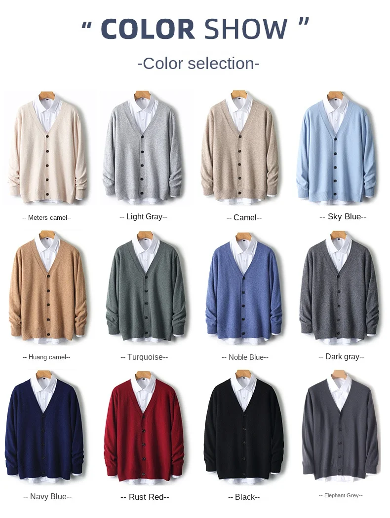 Men's Cardigan Spring Autumn Basic Style 100% Pure Merino Wool Knitted Sweater Large Loose V-neck Jacket Solid Color Casual Top