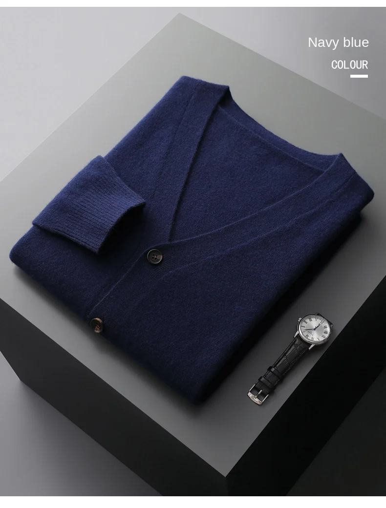 Men's Cardigan Spring Autumn Basic Style 100% Pure Merino Wool Knitted Sweater Large Loose V-neck Jacket Solid Color Casual Top