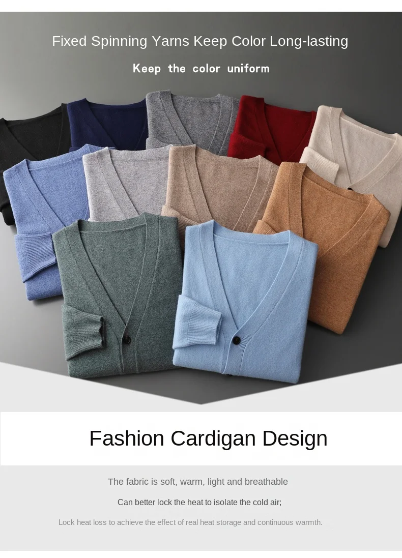 Men's Cardigan Spring Autumn Basic Style 100% Pure Merino Wool Knitted Sweater Large Loose V-neck Jacket Solid Color Casual Top