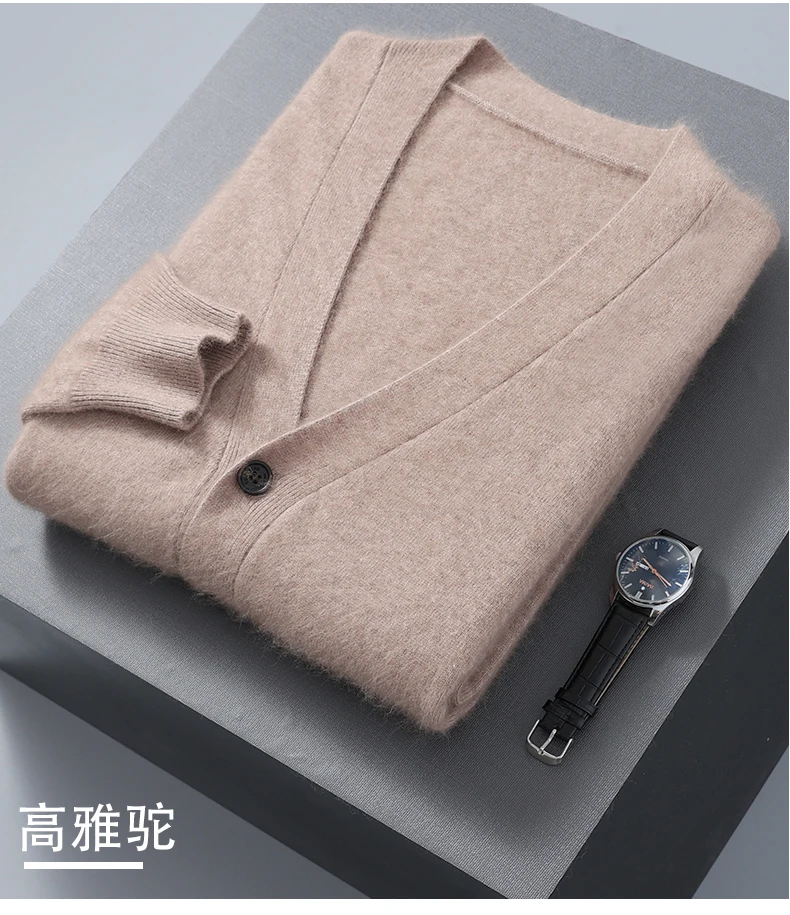 2025 Autumn Winter New Cardigan Men's V-Neck Top 100% Mink Cashmere Knitted Sweater Casual Loose Large Long Sleeved Shirt Jacket