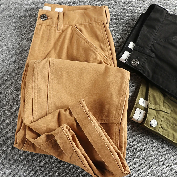 320Gsm Heavyweight Pearl Woven Canvas Men's Casual Pants American Vintage Retro Trend 100% Cotton Splicing Design Workwear Pants