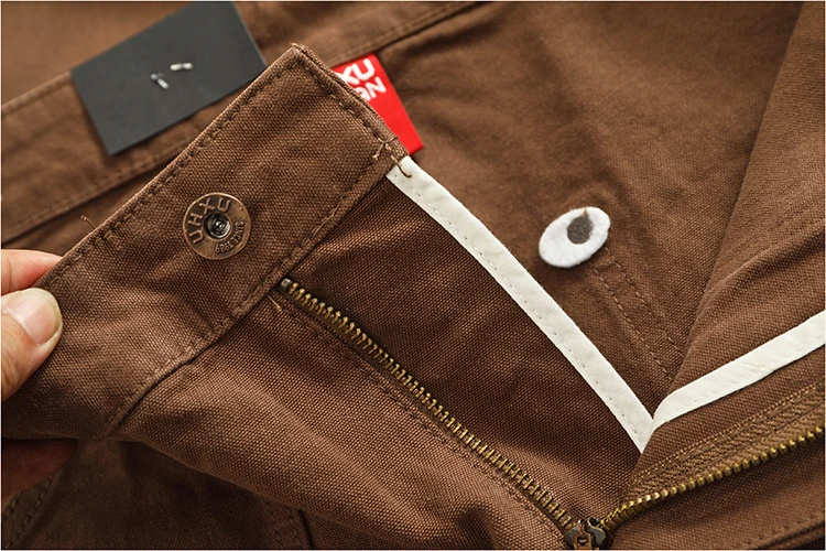 Heavy cotton high-end vintage overalls men's bead canvas grain patch fabric splicing logging motorcycle casual pants trend