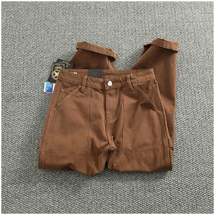 Heavy cotton high-end vintage overalls men's bead canvas grain patch fabric splicing logging motorcycle casual pants trend