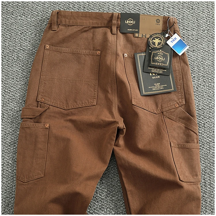 Heavy cotton high-end vintage overalls men's bead canvas grain patch fabric splicing logging motorcycle casual pants trend