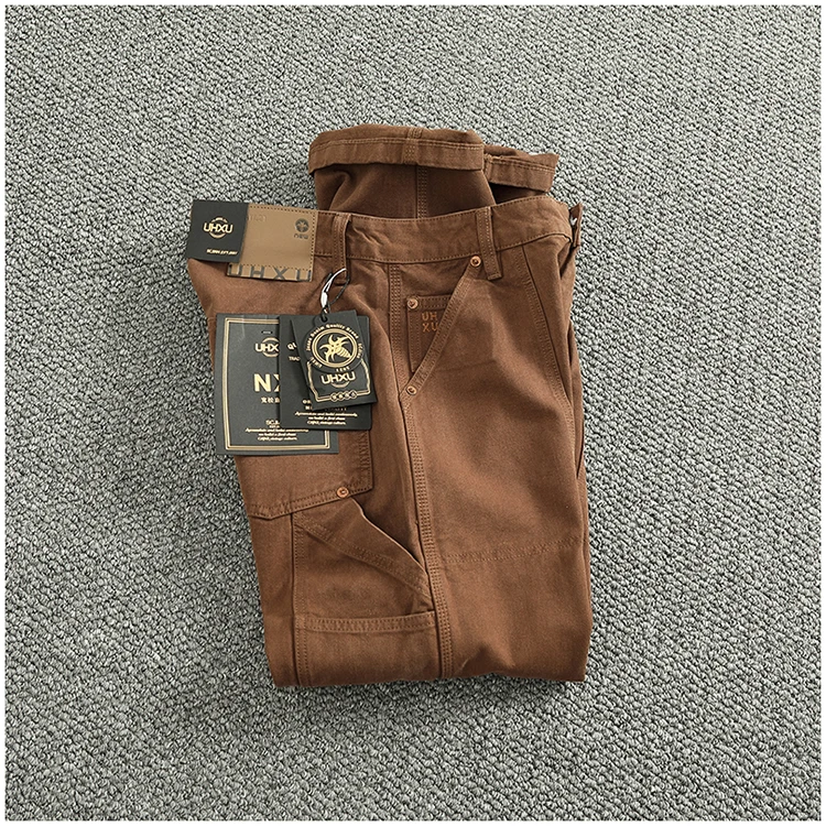 Heavy cotton high-end vintage overalls men's bead canvas grain patch fabric splicing logging motorcycle casual pants trend