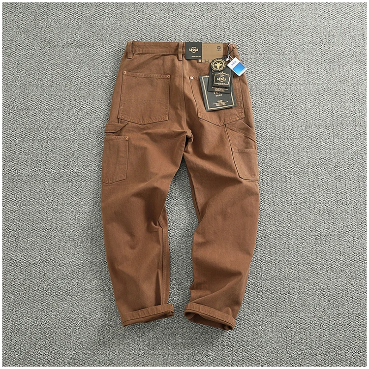 Heavy cotton high-end vintage overalls men's bead canvas grain patch fabric splicing logging motorcycle casual pants trend