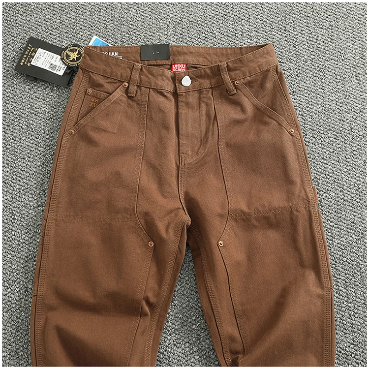 Heavy cotton high-end vintage overalls men's bead canvas grain patch fabric splicing logging motorcycle casual pants trend