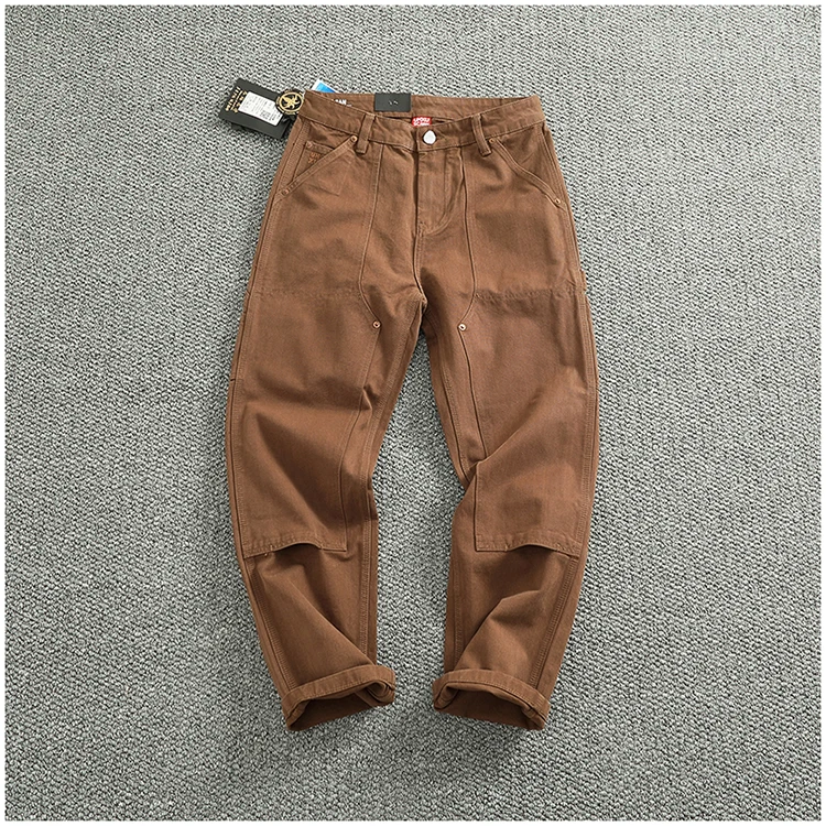 Heavy cotton high-end vintage overalls men's bead canvas grain patch fabric splicing logging motorcycle casual pants trend