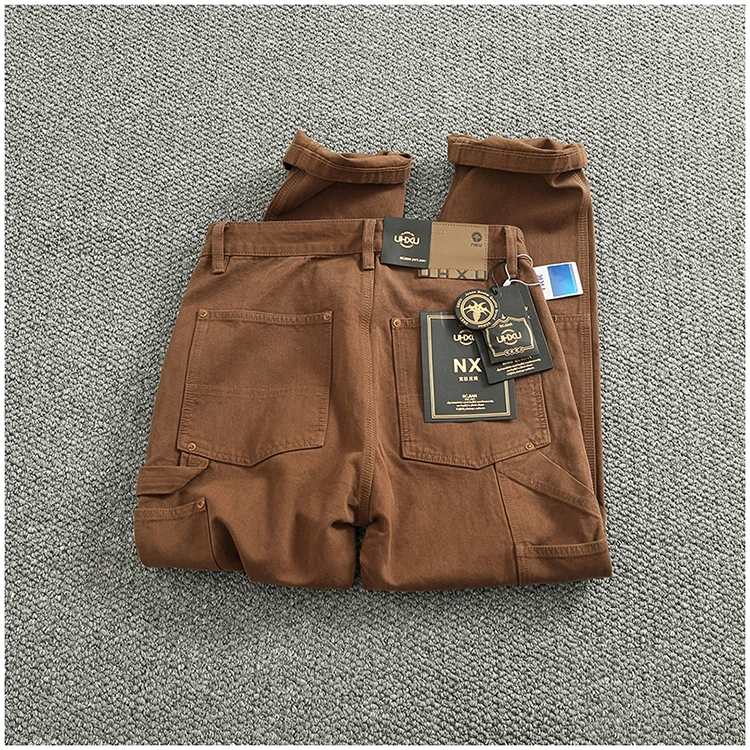 Heavy cotton high-end vintage overalls men's bead canvas grain patch fabric splicing logging motorcycle casual pants trend