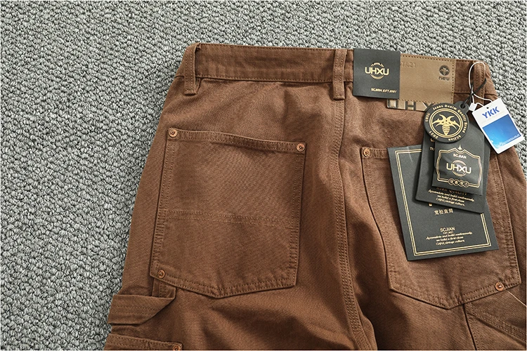 Heavy cotton high-end vintage overalls men's bead canvas grain patch fabric splicing logging motorcycle casual pants trend