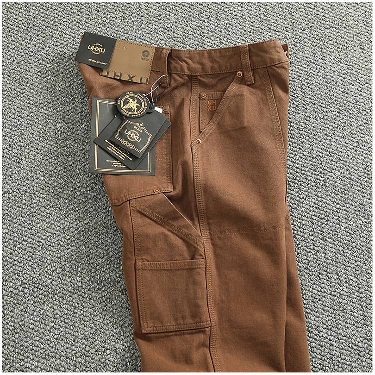 Heavy cotton high-end vintage overalls men's bead canvas grain patch fabric splicing logging motorcycle casual pants trend