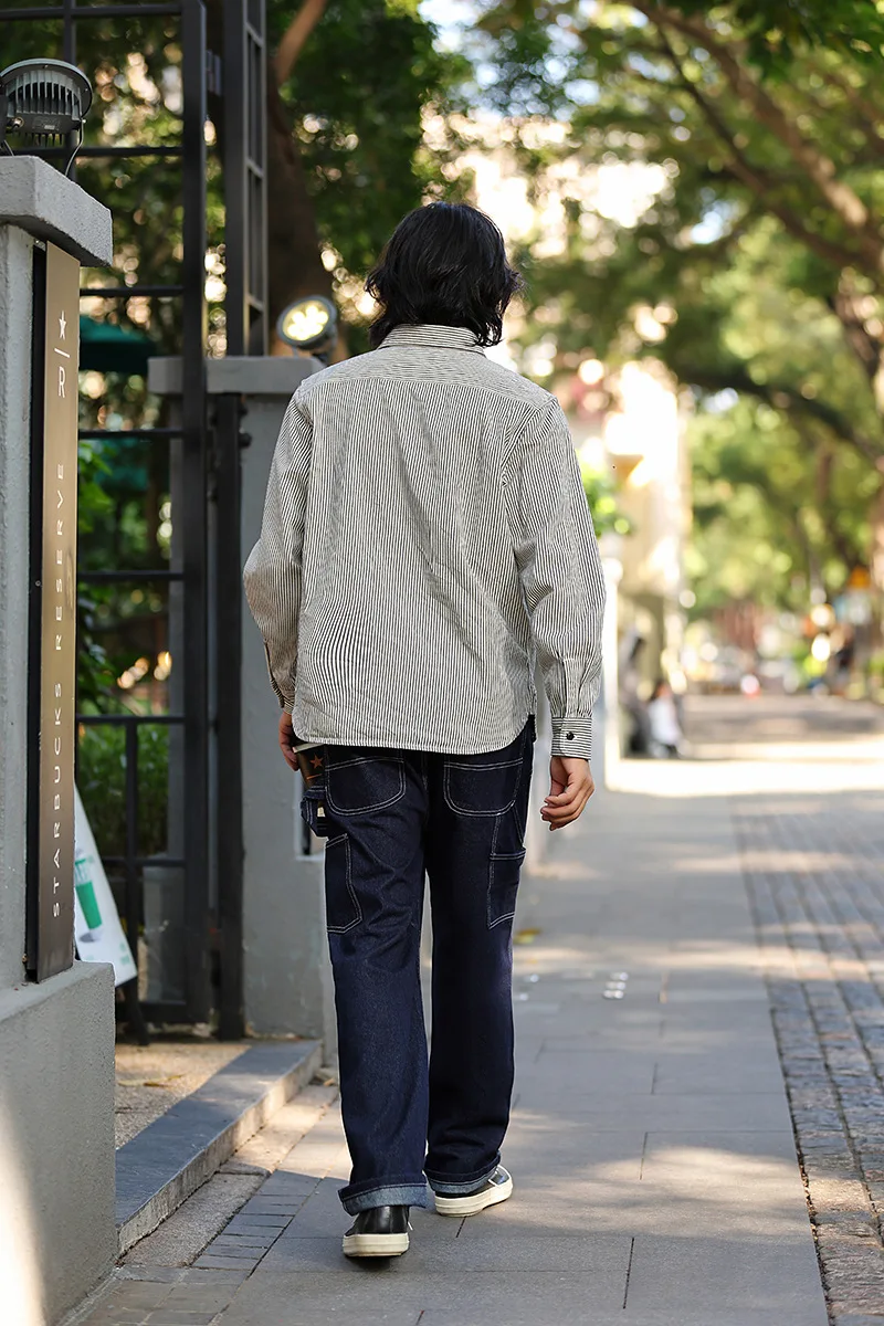 American Vintage Raw Denim Rail Worker Jeans - Americana Multi-Pocket Striped Work Pants / Outdoor Utility Trousers OKONKWO