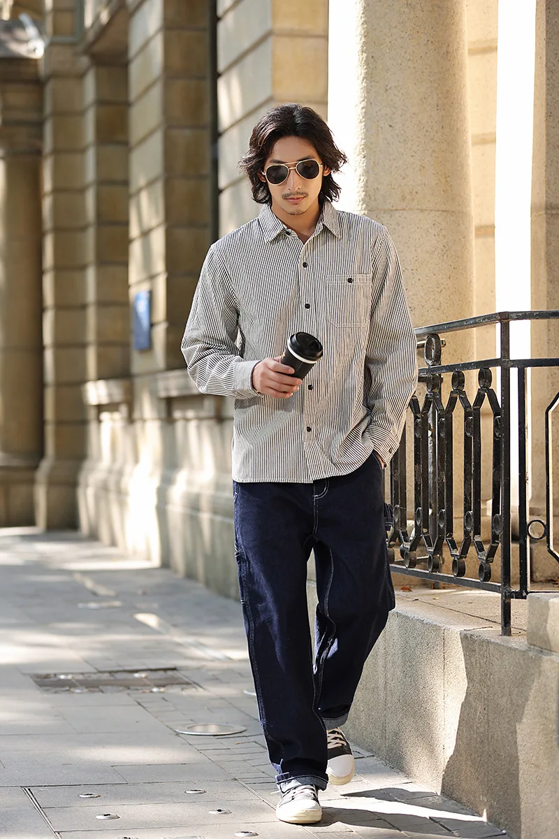 American Vintage Raw Denim Rail Worker Jeans - Americana Multi-Pocket Striped Work Pants / Outdoor Utility Trousers OKONKWO