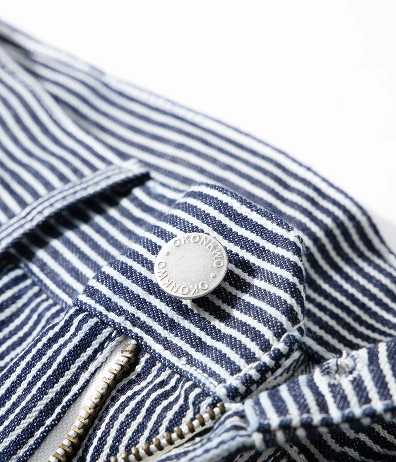 American Vintage Raw Denim Rail Worker Jeans - Americana Multi-Pocket Striped Work Pants / Outdoor Utility Trousers OKONKWO