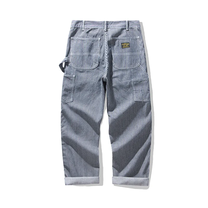 American Vintage Raw Denim Rail Worker Jeans - Americana Multi-Pocket Striped Work Pants / Outdoor Utility Trousers OKONKWO