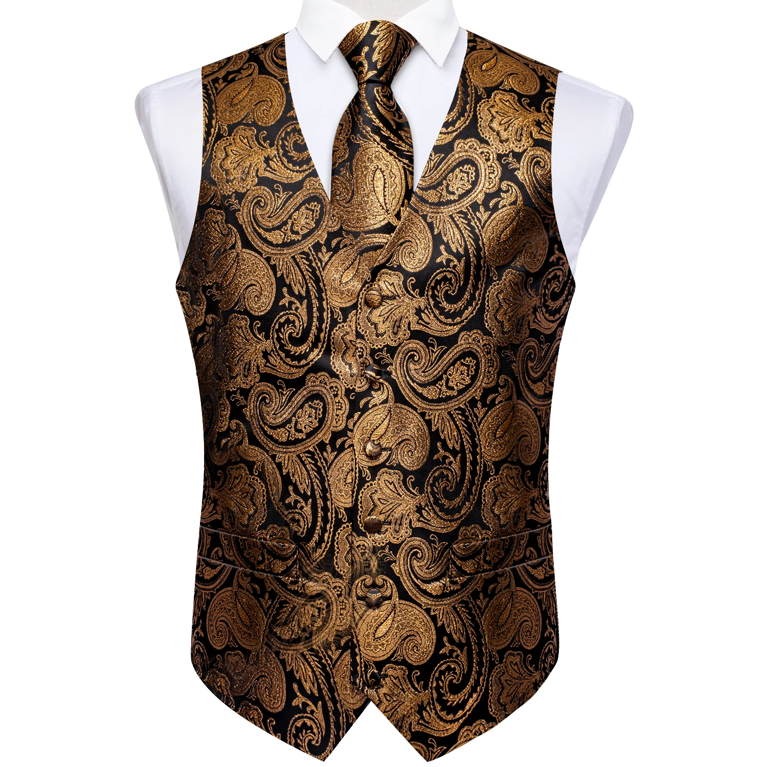 Luxury Brown Paisley Suit Vest Set for Men Neck Tie Pocket Square Cufflinks Wedding Party Tuxedo Male Blazer Waistcoat