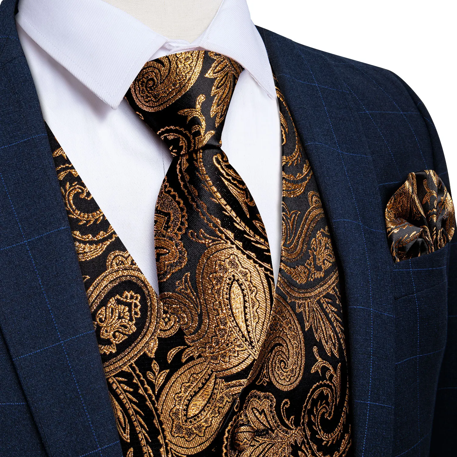 Luxury Brown Paisley Suit Vest Set for Men Neck Tie Pocket Square Cufflinks Wedding Party Tuxedo Male Blazer Waistcoat