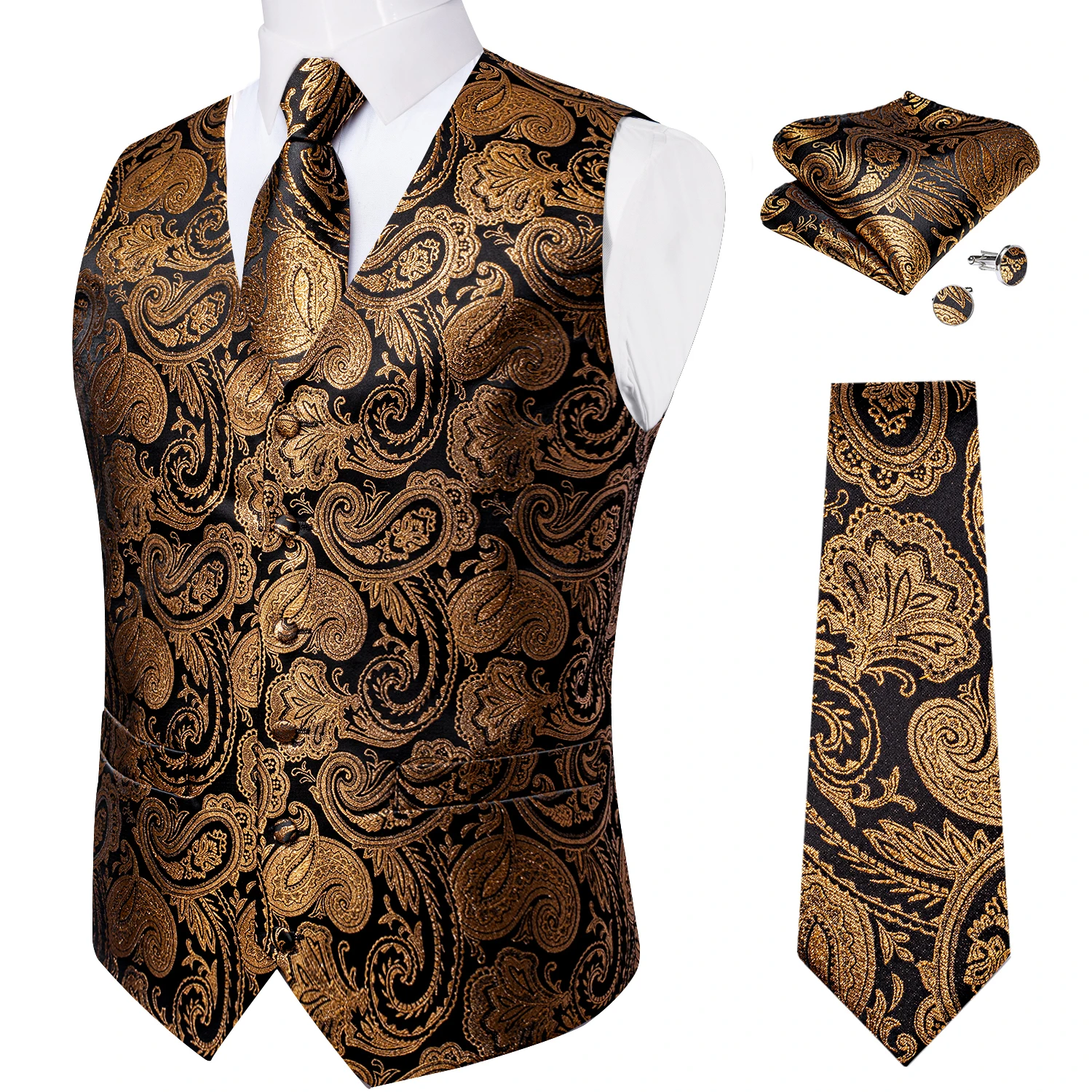 Luxury Brown Paisley Suit Vest Set for Men Neck Tie Pocket Square Cufflinks Wedding Party Tuxedo Male Blazer Waistcoat