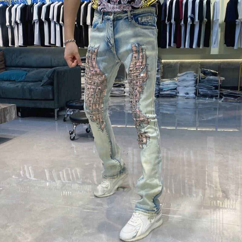 New Splicing Ripped Jeans Men's Rivet Decoration Mens Jeans Brand 2026 Fashion Trendy Versatile Long Pants Jeans Masculina