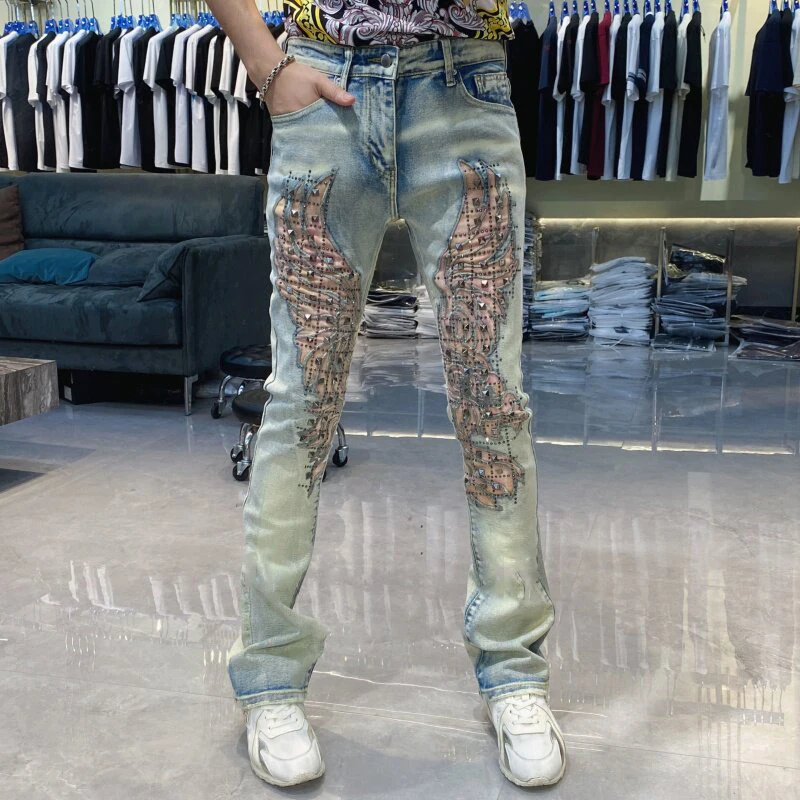 New Splicing Ripped Jeans Men's Rivet Decoration Mens Jeans Brand 2026 Fashion Trendy Versatile Long Pants Jeans Masculina