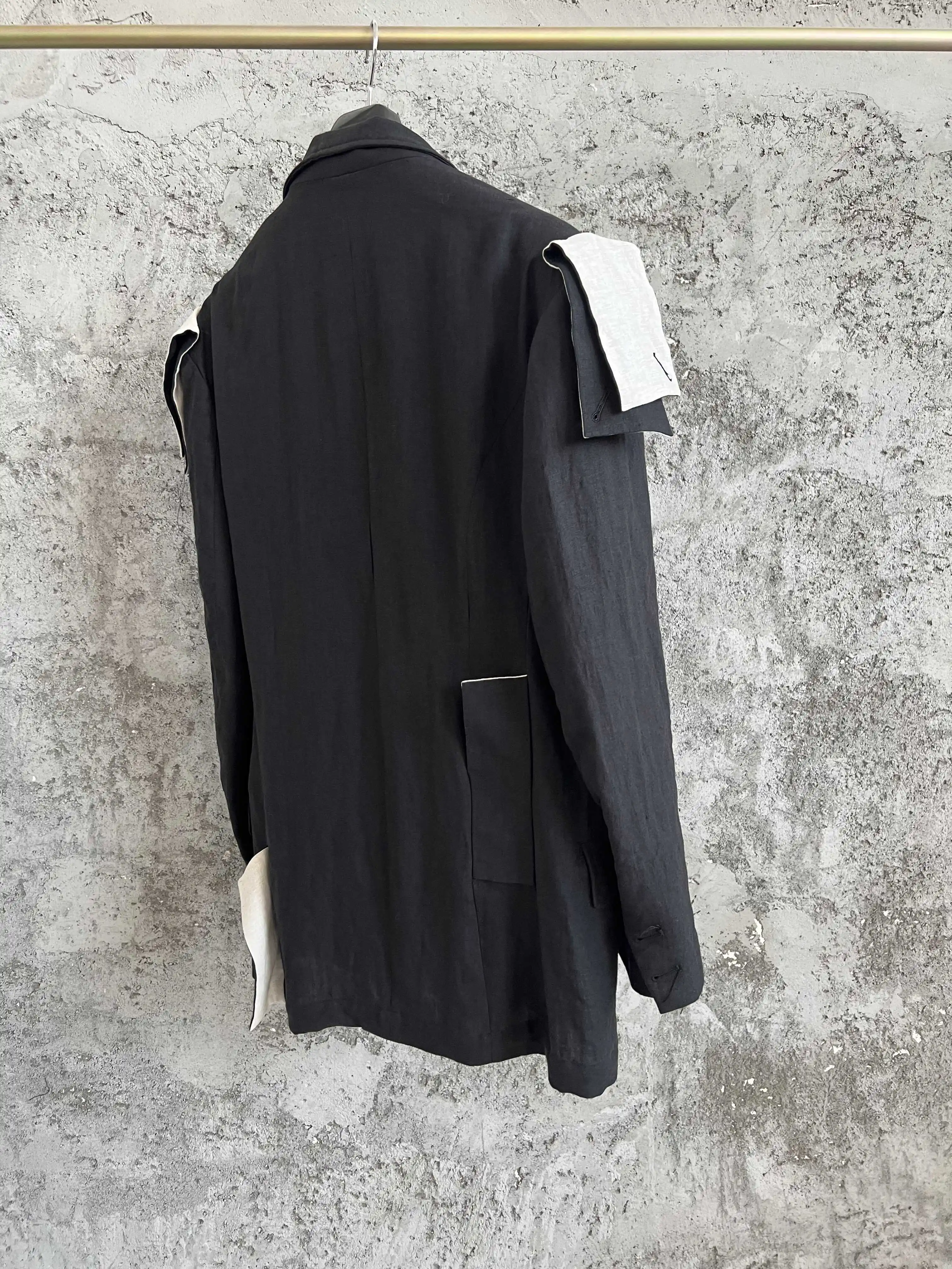 TOP-YAMAMOTO Eye Hand linen patchwork patchwork suit black and white irregular fringed suit jacket runway show