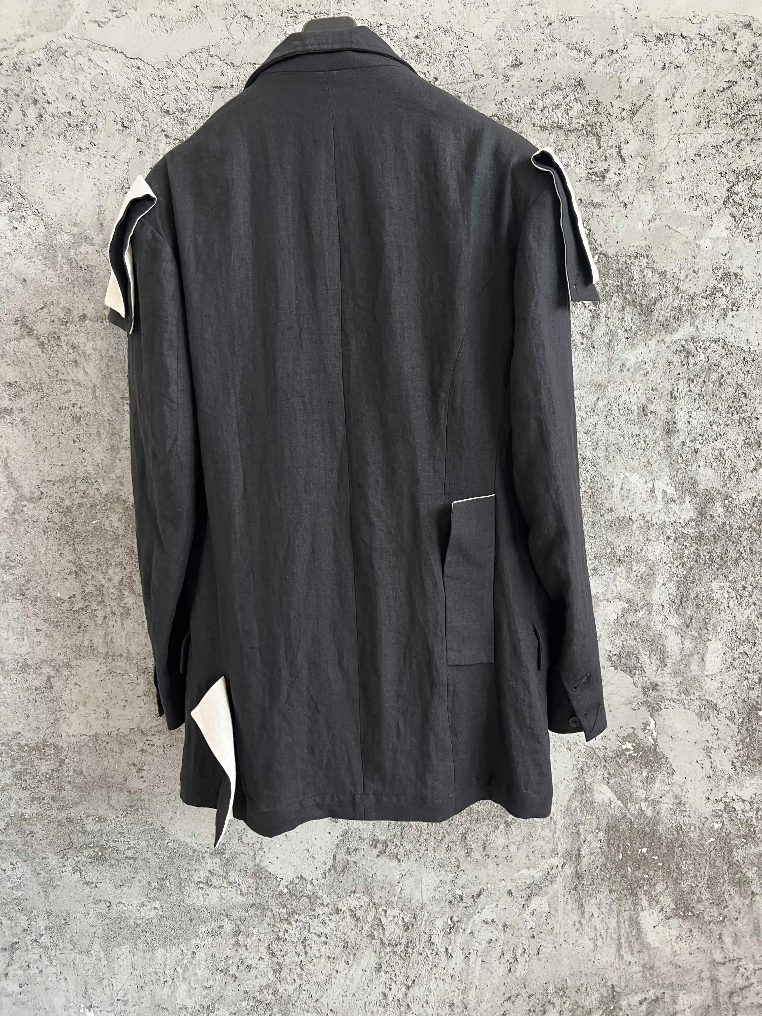 TOP-YAMAMOTO Eye Hand linen patchwork patchwork suit black and white irregular fringed suit jacket runway show