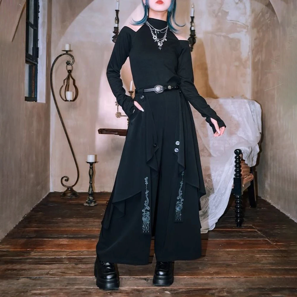 Dark Gothic Embroidered Ribbon Layered Irregular Skirt Pants Genderless Streetwear Y2k Japanese Hakama Samurai Pants Unisex 2024