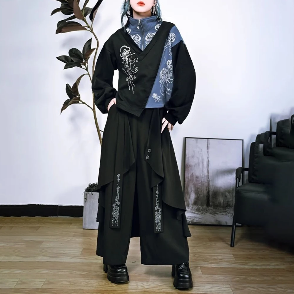 Dark Gothic Embroidered Ribbon Layered Irregular Skirt Pants Genderless Streetwear Y2k Japanese Hakama Samurai Pants Unisex 2024