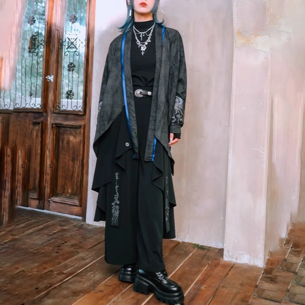 Dark Gothic Embroidered Ribbon Layered Irregular Skirt Pants Genderless Streetwear Y2k Japanese Hakama Samurai Pants Unisex 2024