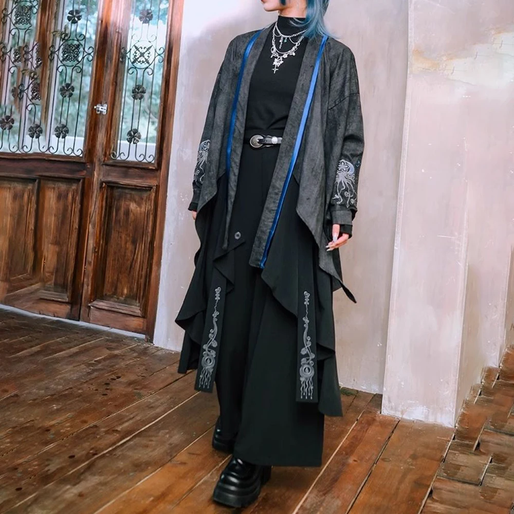 Dark Gothic Embroidered Ribbon Layered Irregular Skirt Pants Genderless Streetwear Y2k Japanese Hakama Samurai Pants Unisex 2024