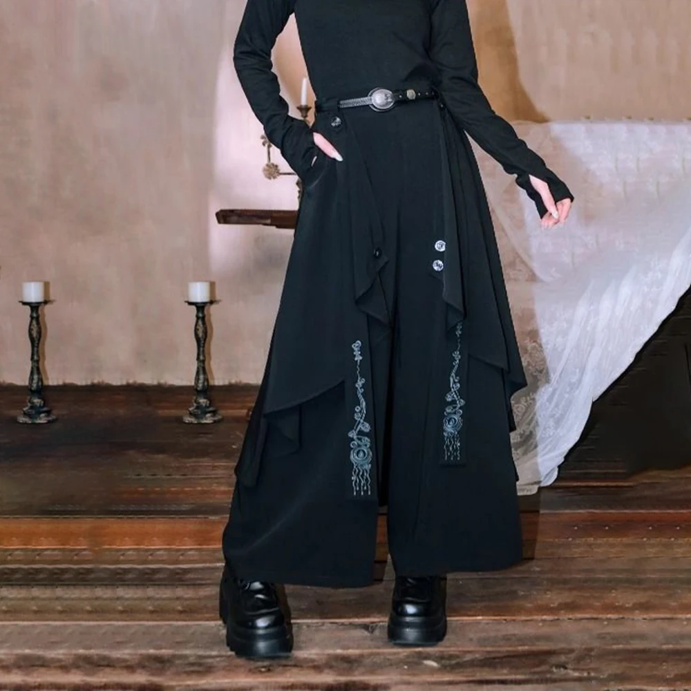 Dark Gothic Embroidered Ribbon Layered Irregular Skirt Pants Genderless Streetwear Y2k Japanese Hakama Samurai Pants Unisex 2024