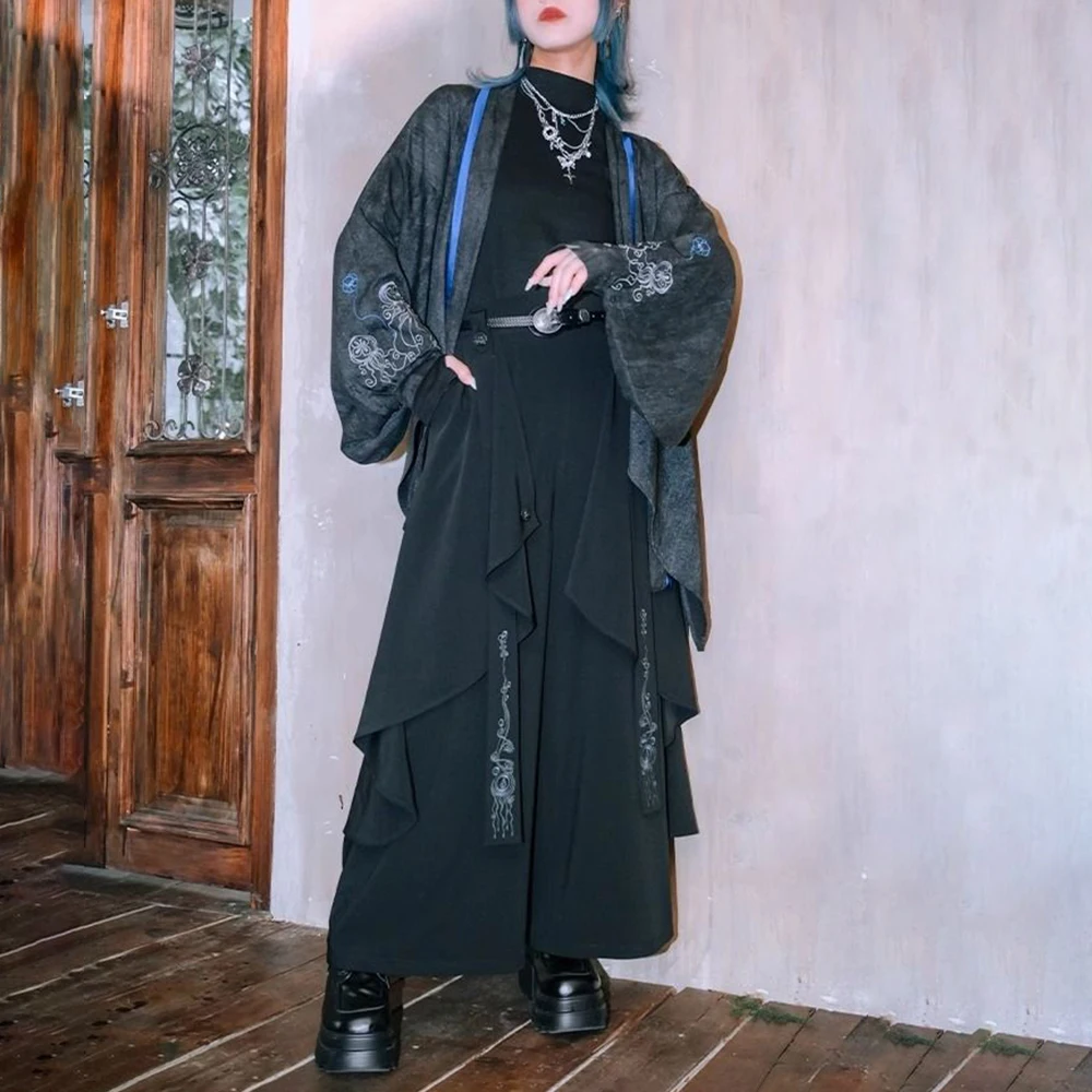 Dark Gothic Embroidered Ribbon Layered Irregular Skirt Pants Genderless Streetwear Y2k Japanese Hakama Samurai Pants Unisex 2024