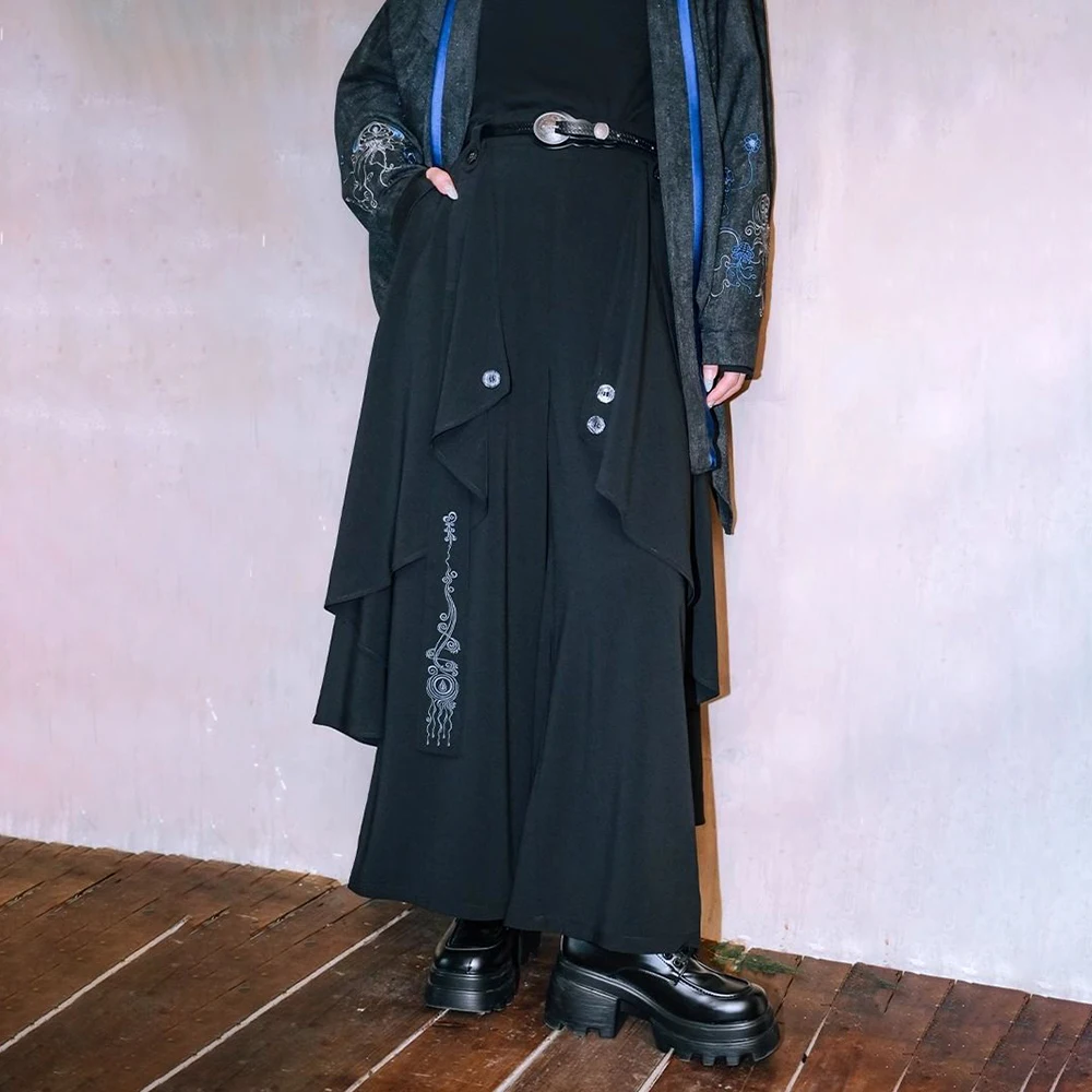 Dark Gothic Embroidered Ribbon Layered Irregular Skirt Pants Genderless Streetwear Y2k Japanese Hakama Samurai Pants Unisex 2024