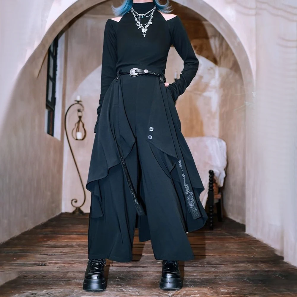 Dark Gothic Embroidered Ribbon Layered Irregular Skirt Pants Genderless Streetwear Y2k Japanese Hakama Samurai Pants Unisex 2024